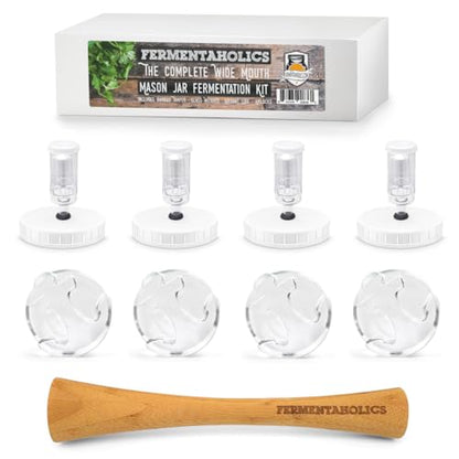 Mason Jar Fermentation Kit | Wide mouth Jar Lacto-Fermentation Pickling Kit |Includes 4 Fermentation Lids, 4 Fermentation Glass Weights, Vegetable Tamper, & Wet Erase Glass Marker