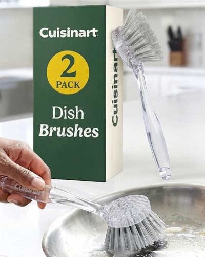 Cuisinart Dish Brush with Handle, 2 Pack, Firm Bristles | Multi-purpose dish scrubber for plates, pots, and pans, deep cleaning removes grease, safe for nonstick, round head - color: Round- Light Gray
