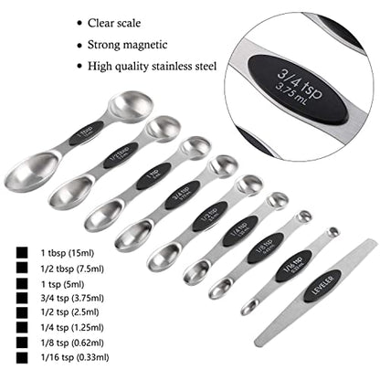 Magnetic Measuring Cups and Spoons Set Including 7 Stainless Steel Stackable Measuring Cup 8 Double Sided Magnetic Measuring Spoons with 1 Leveler for Dry and Liquid Ingredients (black) - color: Black
