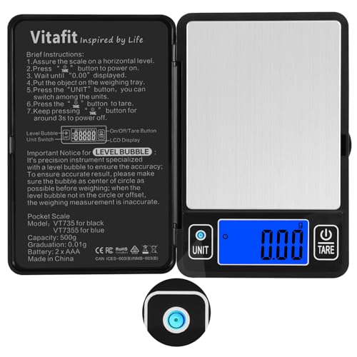 Vitafit 500g Digital Gram Scale in 0.01g, High Accuracy Assured by Built-in Level Bubble, Scale Professional Since 2001, Pocket Scale for Multi-Function: Kitchen, Food, Jewelry, Lab, Coffee, Black - color: Black, size: 4.8 x 3.3in