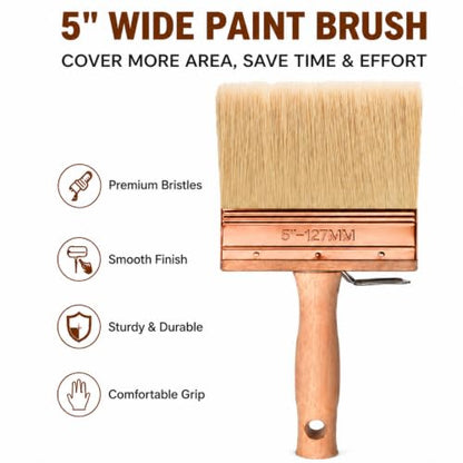 Deck Stain Brush 5", Attachable Paint Brush with Wooden Handle | Ergonomic wooden handle, Soft shed-resistant bristles, Detachable design, Washable & reusable, For furniture refinishing - color: 5 Inch