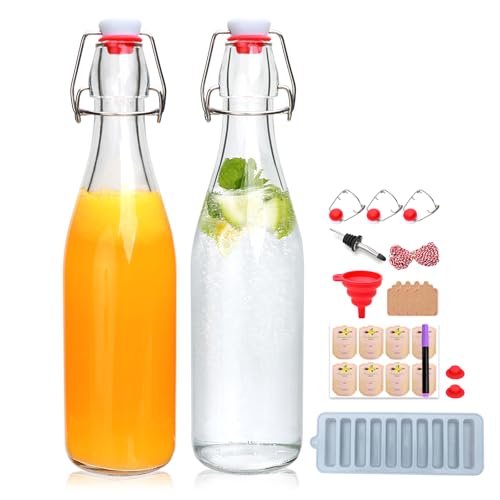 Swing Top Glass Bottles 2 Pack, 16oz/500ml Flip Top Glass Bottle,Beer Brewing Bottles with Airtight Lid for Kombucha, Mead Kefir, Vanilla Extract, Juice, Tea, Wine,DIY Containers - size: 16oz-2pcs