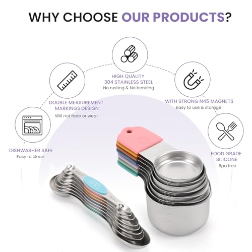 Magnetic Measuring Cups and Spoons Set-Heavy Duty 304 Stainless Steel，Double Measurement Markings，Set of 16 with Leveler for Measure Dry and Liquid Ingredients - color: Color