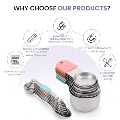 Magnetic Measuring Cups and Spoons Set-Heavy Duty 304 Stainless Steel，Double Measurement Markings，Set of 16 with Leveler for Measure Dry and Liquid Ingredients - color: Color