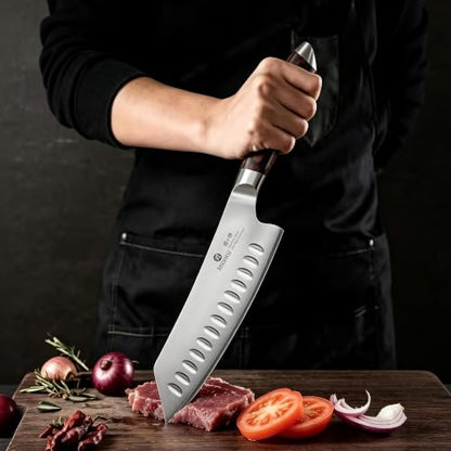 imarku Santoku Chef Knife 7 Inch, Ultra Sharp High Carbon Stainless Steel Japanese Kitchen Knife with Hollow Edge | Ergonomic Pakkawood Handle, Gift Box for Meat/Vegetables/Tomatoes & Daily Cooking - color: Arctic Silver