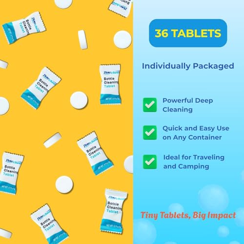 flowcheer Bottle Cleaning Tablets 36-Pack | Powerful & Odor-Control Formula | Deep Cleaner for Stainless Steel, Glass, Thermos, Tumblers, Hydration Bladders | Ideal for Daily Household & Outdoor Gear
