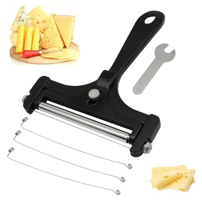 Black Cheese Slicer Kit Wire Food Slicer, Adjustable Thickness Handheld Cheese Cutter with 4 Replacement Wires & Wrench for Butter Mozzarella Cheddar/Block Butter - style: Black