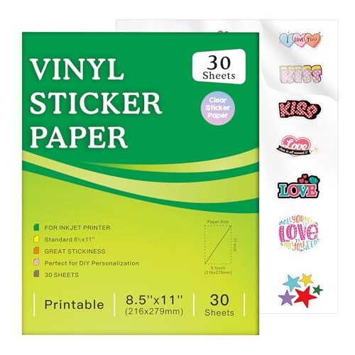Aevdor 30 Sheets Printable Clear Sticker Paper for Inkjet Printer, Premium Vinyl Transparent Sticker Paper Waterproof, Dries Quickly, Vivid Colors, 8.5x11" Labels Great for Cutting Machines - size: 30 Sheets