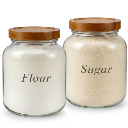 Set of 2 Cookie Jars with Airtight Lid, 1/2 Gallon Glass Jars with Acacia Wooden Lid, 64 oz Wide Mouth Mason Jar for Coffee, Sugar, Candy, Pasta, Oats - size: Small