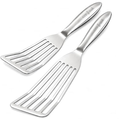 Stainless Steel Fish Spatula Set (2-Piece) – Large Slotted Fish Turner + Small Metal Spatula, Precision Thin Edge for Delicate Foods, Ergonomic Grip, One-Piece 304 Stainless Steel Kitchen Utensils