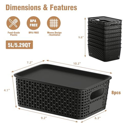 8 Pcs Plastic Storage Baskets with Plastic Lids and Labels 5.29qt Stackable Box Basket Pantry Decorative Containers, Small Storage Bins for Shelves Drawers Closets Bedrooms Office Cabinets 10*7.2*4.1" - style: Black-Plastic Lid