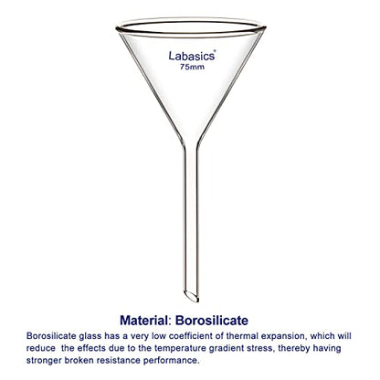 Labasics 2-Pack Glass Heavy Wall Funnel Borosilicate Glass Funnel, Short Stem 75 mm Diameter, 75 mm Stem Length - size: 75 mm Diameter and 75 mm Stem