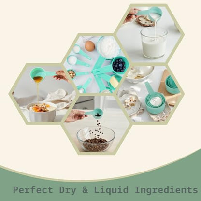 Inmorven 10pcs Measuring Cups and Spoons Set, BPA-Free Plastic Kitchen Baking Tools with Engraved Markings, Stackable Design for Dry & Liquid Ingredients (Green) - color: Green
