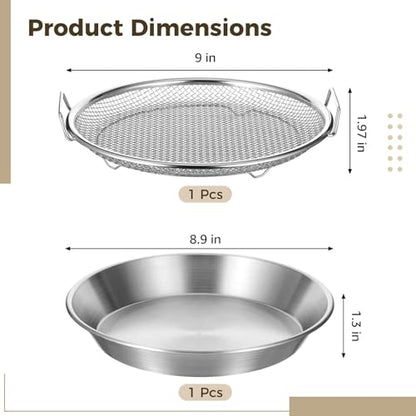 2Pcs Stainless Steel Mesh Tray Set with Drip Pan,Air Fryer Basket and Tray,Draining Rack with Heat Resistant Handles, Food-safe Frying Pan and Crisper for Healthy Cooking,Rustproof Kitchen Accessory
