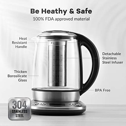 Mecity Electric Tea Kettle Borosilicate Glass Tea Maker With Temperature Control and Infuser - LCD Display and Preset Brewing Programs - 1.7 Liter Water Boiler - size: 1.8 Quarts