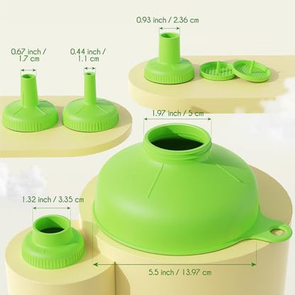 Pisol Wide Mouth Versatile Funnel, Canning Funnels for Kitchen Use, Plastic Cooking Funnel Set with 4 Size Spouts and 2 Strainers for Filling Different Bottles, Green