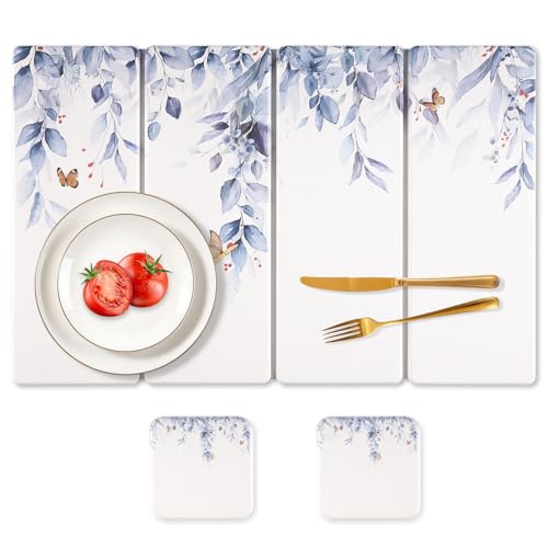 Large Stone Dish Drying Mat for Kitchen Counter, 24"×16" Quick Dry Dishes Mats, Foldable Diatomaceous Earth Drying Organizer Pad Water Absorbing for Plate Bottles Utensils - color: Blue Leaves