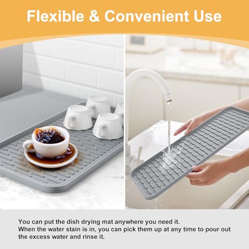 Silicone Coffee Mat, 24'' x 16'' Bar Mat with Detachable Dish Drying Mat for Countertops, Fits Under Coffee Maker, Machine, Espresso Machine, Dish Rack - color: Gray, size: 16" x 24"
