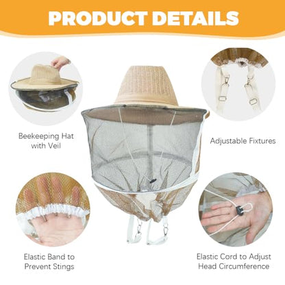 1 Pack Beekeeping Hat with Veil, Ventilated Bee Keeper Hat with Long Elastic Shoulder Strap Bee Keeping Supplies for Men Women Outdoor Fishing Hiking, Mosquito Net Hat - size: 1PCS