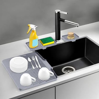 Silicone Dish Drying Mat for Kitchen counter, 15.8"x13" Extra Large Non-Slip Drain Pad with Built-in Drainage, Heat Resistant Dishwasher Safe, Grey - color: Grey-Set, size: 15.8" x 13"