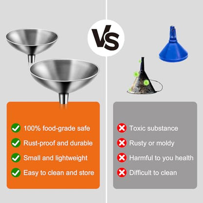 Serinar 2 Piece Small Stainless Steel Filling Mini Funnel, Flask Funnel, Large for Kitchen, Small for Flask, Essential Oil Delivery