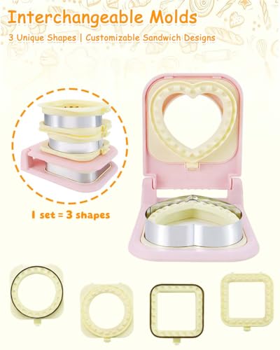 3-in-1 Uncrustable Sandwich Maker - Heart/Circle/Square Crustless Sandwich Cutter & Sealer for Kids' Lunch, Breakfast & Lunchboxes | BPA-Free Uncrustable Press, Easy Clean (3-Shape Pink) - color: 3-Shape Pink