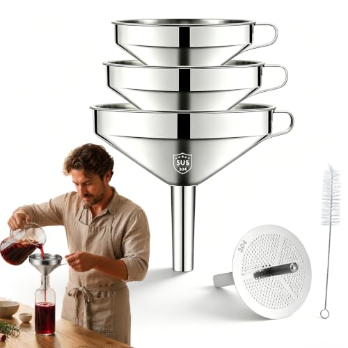 304 Stainless Steel Funnel with Filter Mesh - Kitchen Food Grade Metal Funnel, Stainless Steel Filter Funnel for Deep Fryer, Milk Strainer, Funnels and Oil, Alcohol, Jam, Spice Filling ，All - color: all