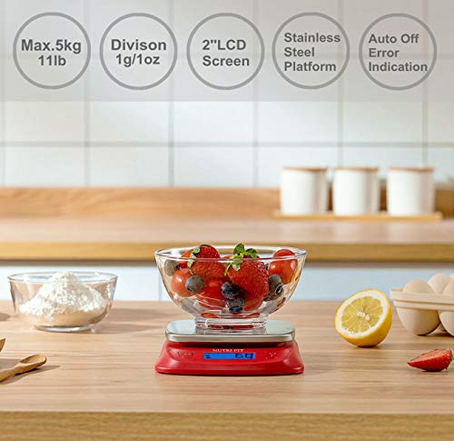 NUTRI FIT Ultra Slim Food Scale Digital Kitchen 1g Increment Measure in lb oz ml High Precision Weight in Grams and oz for Coffee Making, Meal Prep - Red/Stainless Steel - color: Red