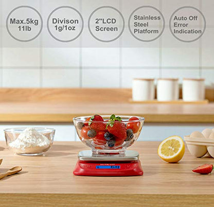 NUTRI FIT Ultra Slim Food Scale Digital Kitchen 1g Increment Measure in lb oz ml High Precision Weight in Grams and oz for Coffee Making, Meal Prep - Red/Stainless Steel - color: Red