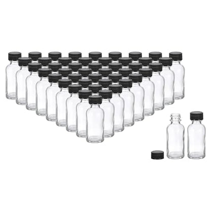 PATIKIL 1oz(30ml) Glass Sample Bottles, 48Pcs Round Bottle Dispensing Bottles with Black Poly Cone Cap for Reagent Liquids, Juice, Perfume Hot Sauce Ginger Shots, Transparent - color: Clear,Black, size: 1 fl oz