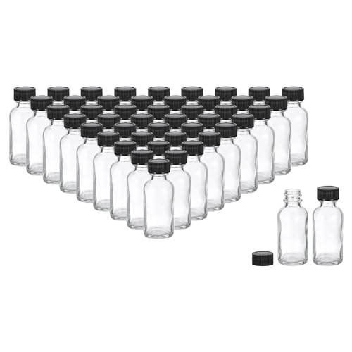 PATIKIL 1oz(30ml) Glass Sample Bottles, 48Pcs Round Bottle Dispensing Bottles with Black Poly Cone Cap for Reagent Liquids, Juice, Perfume Hot Sauce Ginger Shots, Transparent - color: Clear,Black, size: 1 fl oz
