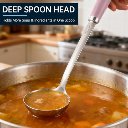 Safring Stainless Steel Soup Ladle and Spaghetti Spoon Set, Heat Resistant Rubber Handle, Dishwasher Safe, Kitchen Utensils for Cooking, Stirring, Serving Pasta, Soup & Sauce (Pink) - color: Pink