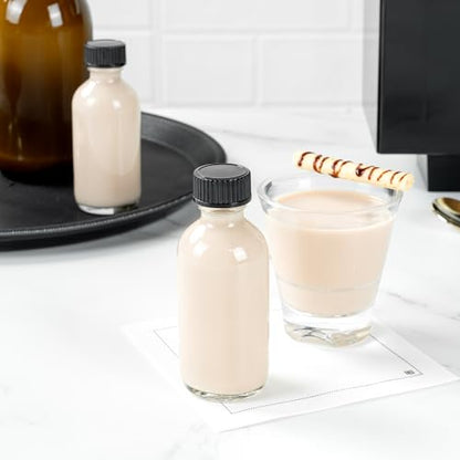 Restaurantware Vetri 2 Ounce Boston Glass Bottles, 48 Sample Bottles With Black Phenolic Caps - Dishwashable, Round, Clear Glass Bottle, For Potion, Juice, Ginger Shots, Whiskey, Liquids - color: Clear, size: 2 oz