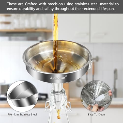 Artcome 3 Pcs Stainless Steel Kitchen Funnel Set, Food Grade 3-in-1 Metal Funnel, Ideal for Transferring of Liquid, Sauce, Jam, Particles & Powder - Dispensing Funnels with Strainers - Dish-Wash Safe