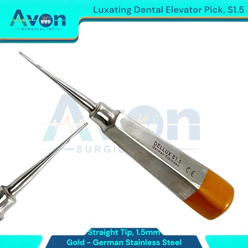 1.5, 2mm, 3mm, 4mm, 5mm, Straight Tipped Hollow Handle Root Extraction Elevators | Stainless Steel German | 5 Piece Bundle - Gold