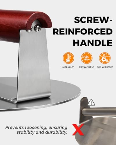 HULISEN 6.2" Stainless Steel Smashed Burger Press with Extra Wide Heat-Resistant Wood Handle, Burger Smasher for Flat Top Griddle, Grill, Skillet, Cast Iron Pan, Hamburger Cooking Accessories - size: 6.2 inch with Wood Handle