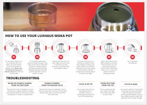 LuxHaus 6 Cup Moka Pot (2oz each cup - 12oz total) Stovetop Espresso Maker - Stainless Steel Italian and Cuban Mocha Coffee Maker - size: 6 Cup