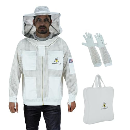 3-Layer Ventilated Mesh Bee Jacket for Men & Women with Veils Sting-Proof Beekeeping Jacket with Leather Gloves & Bag - color: White Round Veil, size: XX-Large