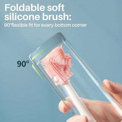 JOYMOOP Silicone Bottle Brush & Straw Cleaner Brush Set, Multi-Functional Bottle Washer for Sports Water Bottle,Glassware,Vase,and Narrow Neck Containers,Pink