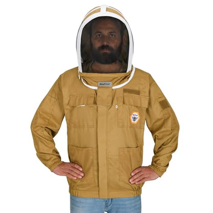 Beekeeping Jacket with Fencing Veil - Breathable Cotton Beekeeper Suit with YKK Zippers & Protective Hood (BP-101-Khaki)-XL - color: Khaki, size: X-Large