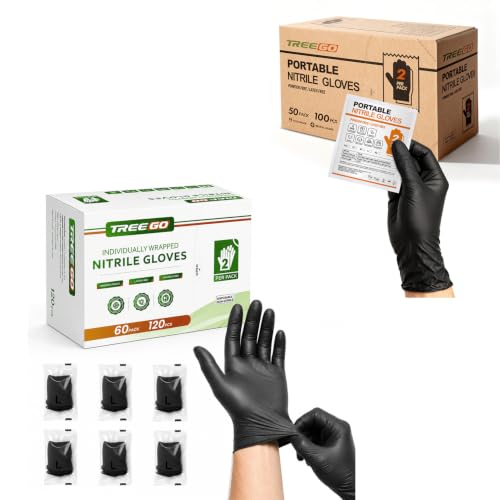TREEGO Black Individually Wrapped Nitrile Gloves Bundle, Large, 110 Pairs Total, Disposable 5 Mil Latex Free Powder Free Gloves for Cleaning, Auto Detailing, Food Prep, Maintenance & Everyday Use