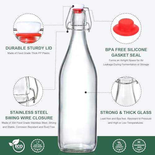 4 Pack [1 Liter / 33 fl. oz.] Swing Top Glass Bottles w/ Airtight Stopper Lids – Flip Top Brewing Bottle for Fermentation, Kombucha, Mead, Vinegar, Beer, Kefir, Wine – With 4 Extra Seals & 2 Pourers