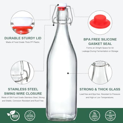 4 Pack [1 Liter / 33 fl. oz.] Swing Top Glass Bottles w/ Airtight Stopper Lids – Flip Top Brewing Bottle for Fermentation, Kombucha, Mead, Vinegar, Beer, Kefir, Wine – With 4 Extra Seals & 2 Pourers
