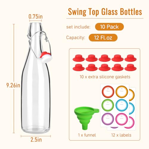 12 oz 10 Pack Swing Top Glass Bottles, Flip Top Brewing Bottle with Airtight Stopper Lids for Fermentation, Soda, Kombucha, Juice, Kefir, Wine