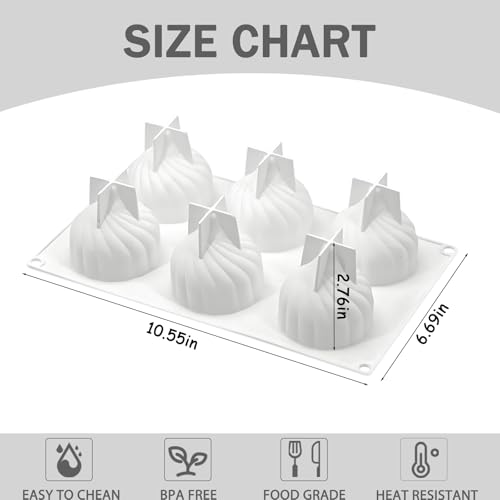 Cone Onion Bun Chocolate Molds, 6-Cavity Cyclone Silicone Mold for Mousse Cake Jelly Candy Soap Candle,10.6 x 6.7 x 2.76 Inches - color: White-R0001
