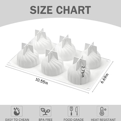 Cone Onion Bun Chocolate Molds, 6-Cavity Cyclone Silicone Mold for Mousse Cake Jelly Candy Soap Candle,10.6 x 6.7 x 2.76 Inches - color: White-R0001