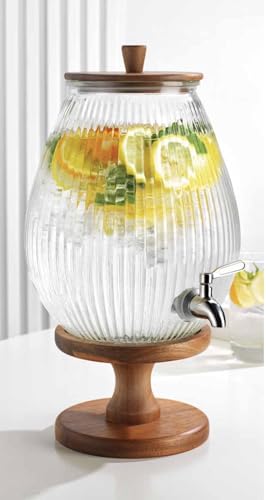 2 Gallon Drink dispenser, Glass Beverage Dispenser With Wood Stand, Large Water Drink Dispensers for Parties With Stainless Steel Spigot, Ideal for Lemonade,Juice, Tea, and Party Drinks - color: Clear - 2 Gallon