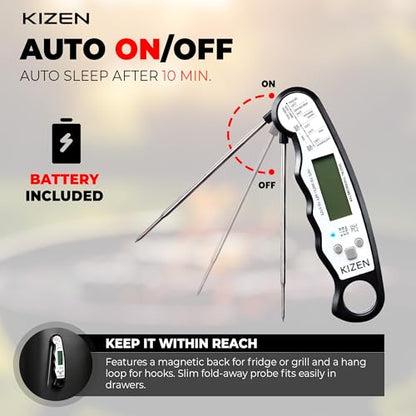 KIZEN Instant Read Meat Thermometer Digital - Food Thermometer for Cooking, Grill, Oven, BBQ - IP67 Rated Waterproof - Large Backlit Display and Magnetic Back