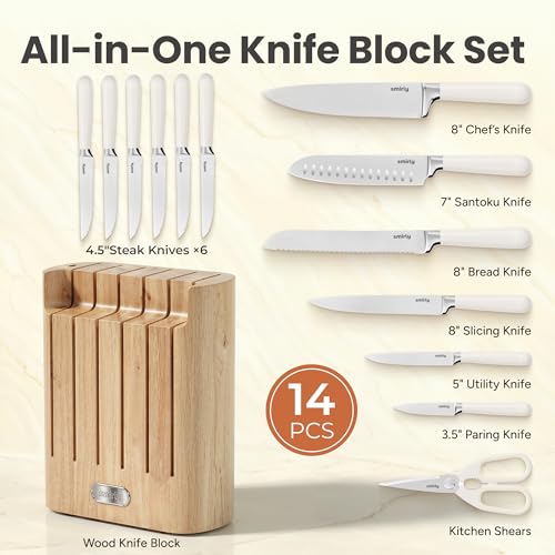 SMIRLY 14-Piece Kitchen Knife Set with Magnetic Block, High Carbon Stainless Steel Chef Knives, Ultra Sharp, Dishwasher Safe, Cream White - color: Cream White