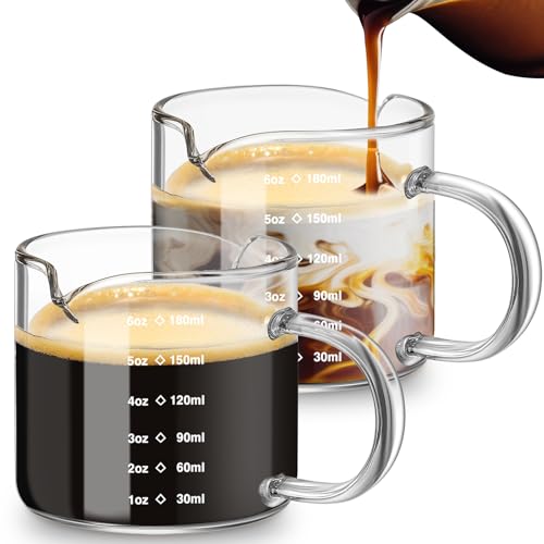 Patelai 2 Pcs 6oz/180ml Espresso Cups, Glass Measuring Cups with Double Spouts & Handle, Scale Espresso Shot Glass Milk Frothed Cup Coffee Accessories for Machines, Milk Frothed, and Bars - color: Scale, size: 6 oz